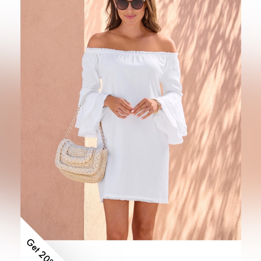 NWT Boston Proper Size XS White Off-Shoulder Dress with Ruffle Sleeves